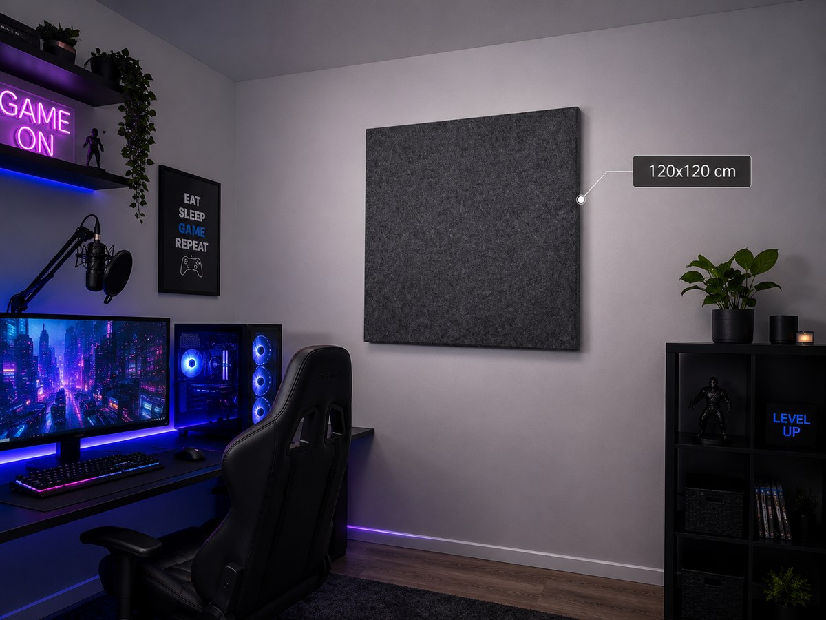 Bilnora 120x120 cm in una gamer room con setup RGB, scrivania nera e parete geometrica. Questa immagine è un'illustrazione