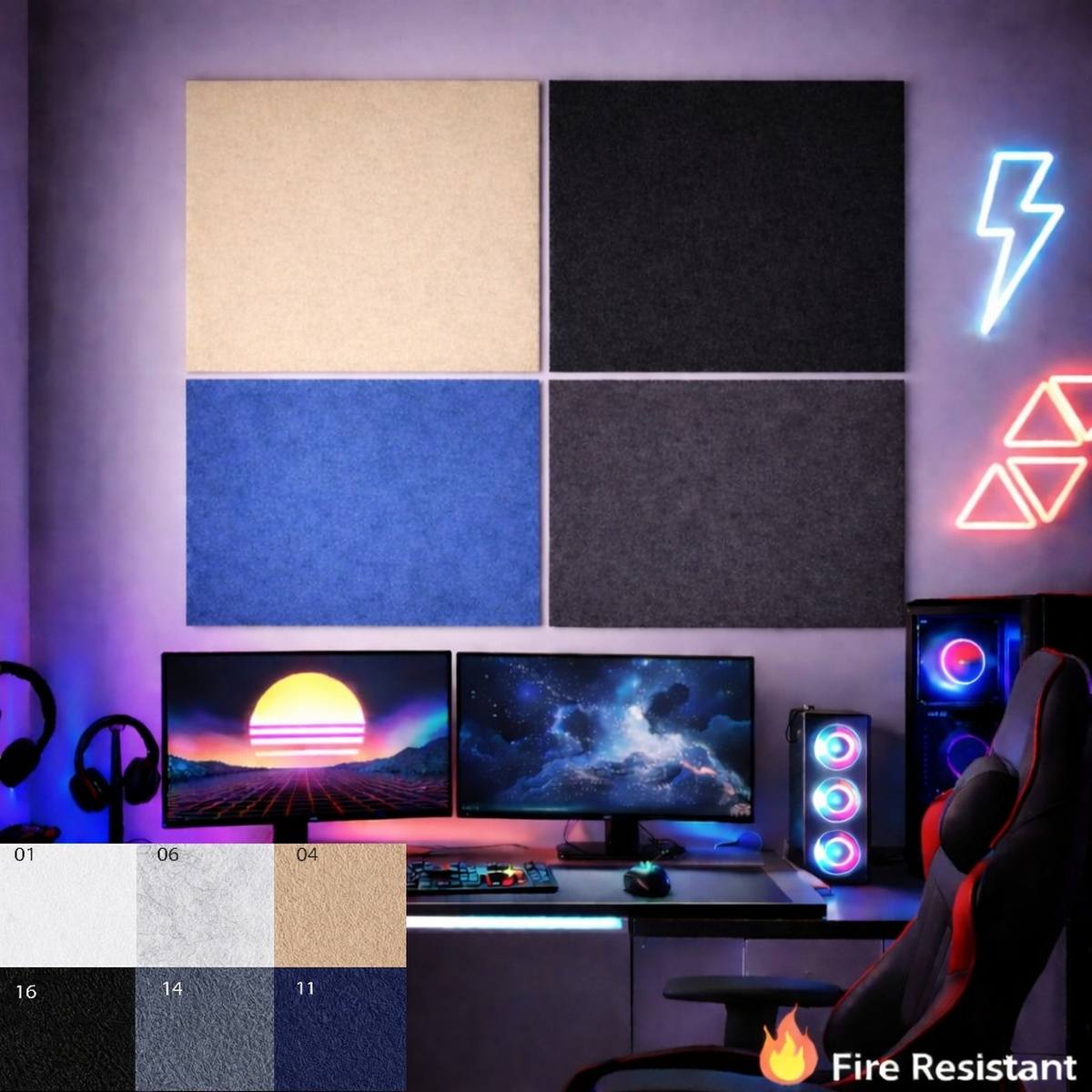 Bilnora in una camera gaming con doppio monitor, accessori neri e grande pannello quadrato sulla parete. Questa immagine è un'illustrazione
