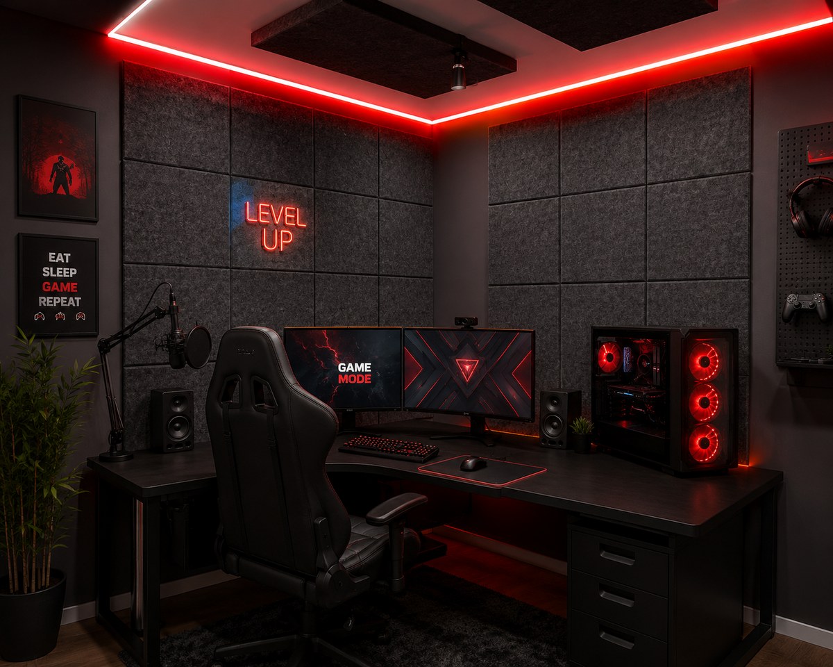 Bilnora in una stanza gaming moderna con sedia da gaming, PC illuminato e parete d’impatto. Questa immagine è un'illustrazione