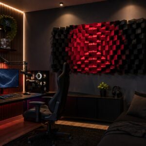 Diffusore a parete in una stanza gaming, coordinato con luci LED e postazione PC – Questa immagine è un’illustrazione Diffusore a parete in una stanza gaming, coordinato con luci LED e postazione PC - Questa immagine è un'illustrazione