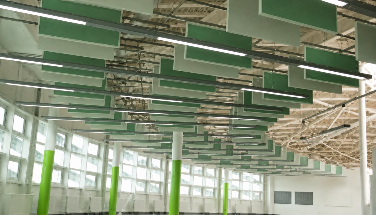 Elemento fonoassorbente a soffitto in un ufficio direzionale con design elegante