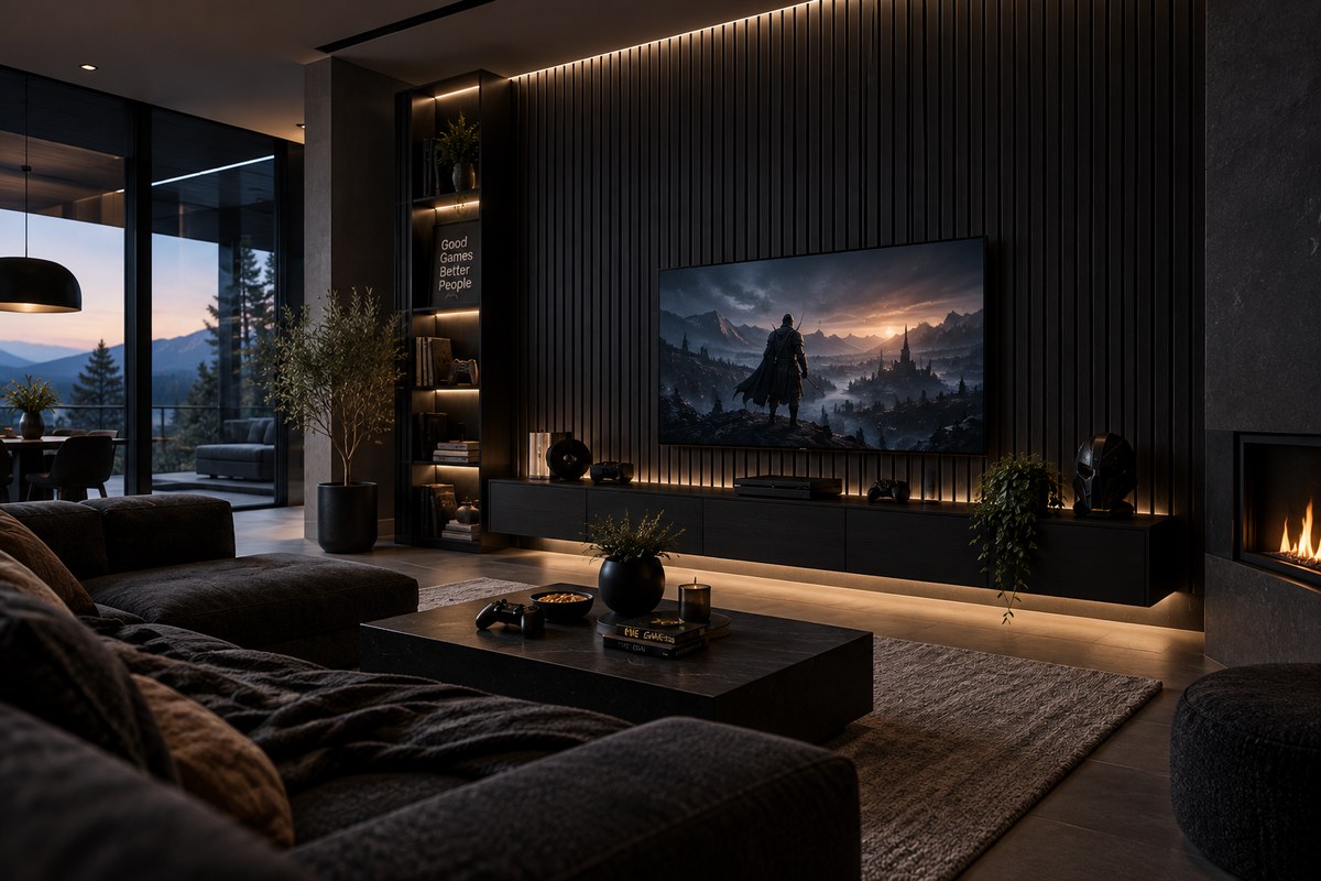 Freja 200 cm in una zona TV con mobile basso e parete slanciata - Questa immagine è solo a scopo illustrativo