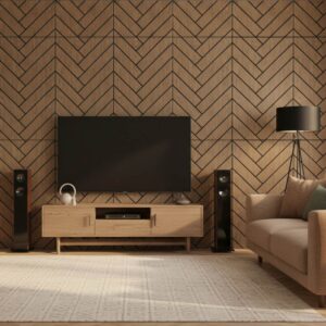 Freja Motivo Parquet dietro un TV-set con mobile basso e illuminazione indiretta Freja Motivo Parquet dietro un TV-set con mobile basso e illuminazione indiretta