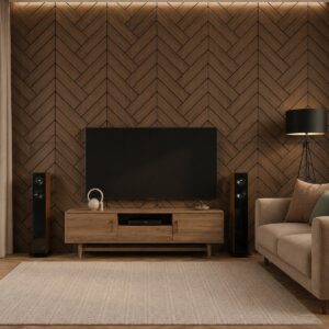Freja effetto parquet rovere scuro dietro un TV-set dal look elegante Freja effetto parquet rovere scuro dietro un TV-set dal look elegante