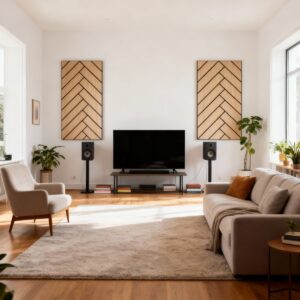 Freja motivo parquet rovere chiaro dietro un TV-set dal look naturale Freja motivo parquet rovere chiaro dietro un TV-set dal look naturale