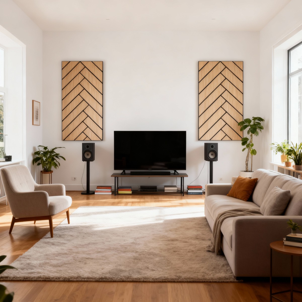 Freja motivo parquet rovere chiaro dietro un TV-set dal look naturale