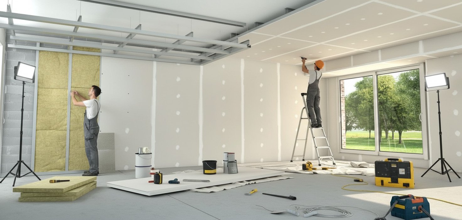 Installazione di controsoffitto per isolamento acustico con pannelli in cartongesso