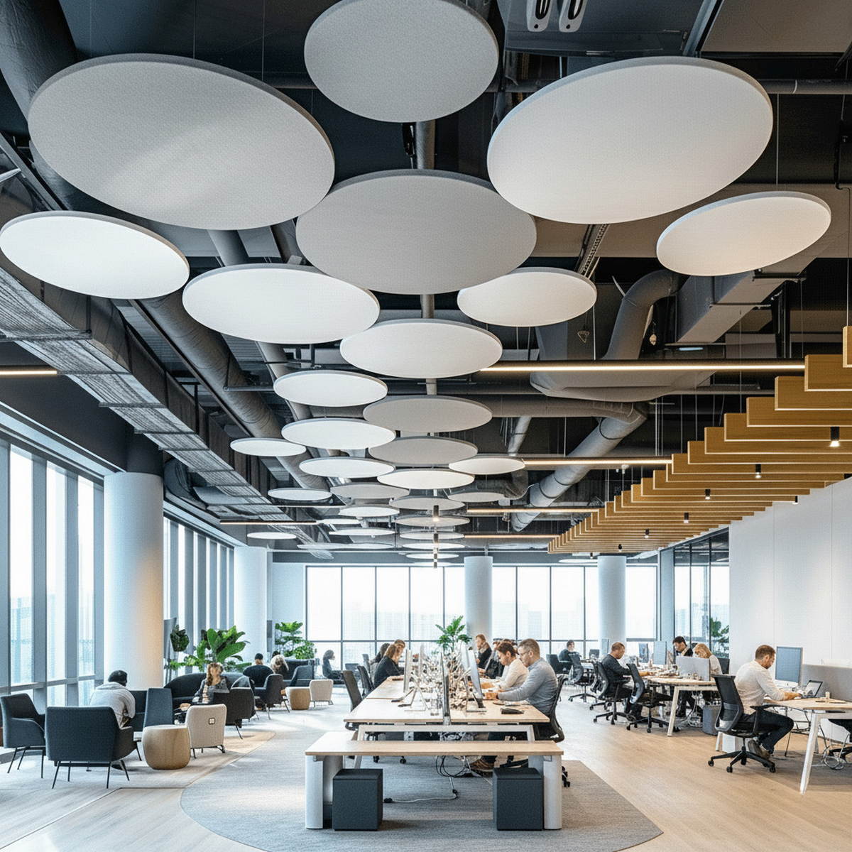 Pannelli acustici circolari sospesi nel soffitto di un ufficio moderno