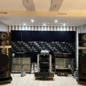 Pannelli decorativi in legno in una sala audio professionale con diffusori high-end e amplificatori Pannelli decorativi in legno in una sala audio professionale con diffusori high-end e amplificatori