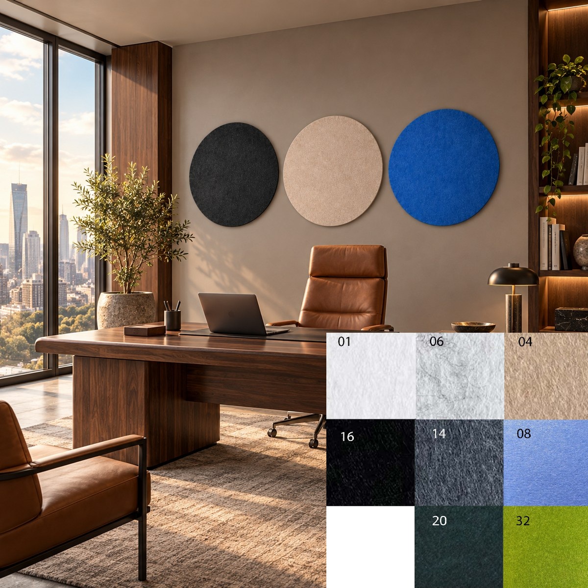 Pannelli murali circolari Bilnora in un ufficio direzionale, dove l'arredo di forte impatto è completato da una decorazione murale elegante