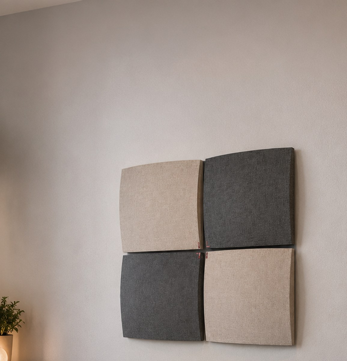 Pannello 3D componibile dietro un divano, con disposizione geometrica personalizzata - Questa immagine è un'illustrazione.