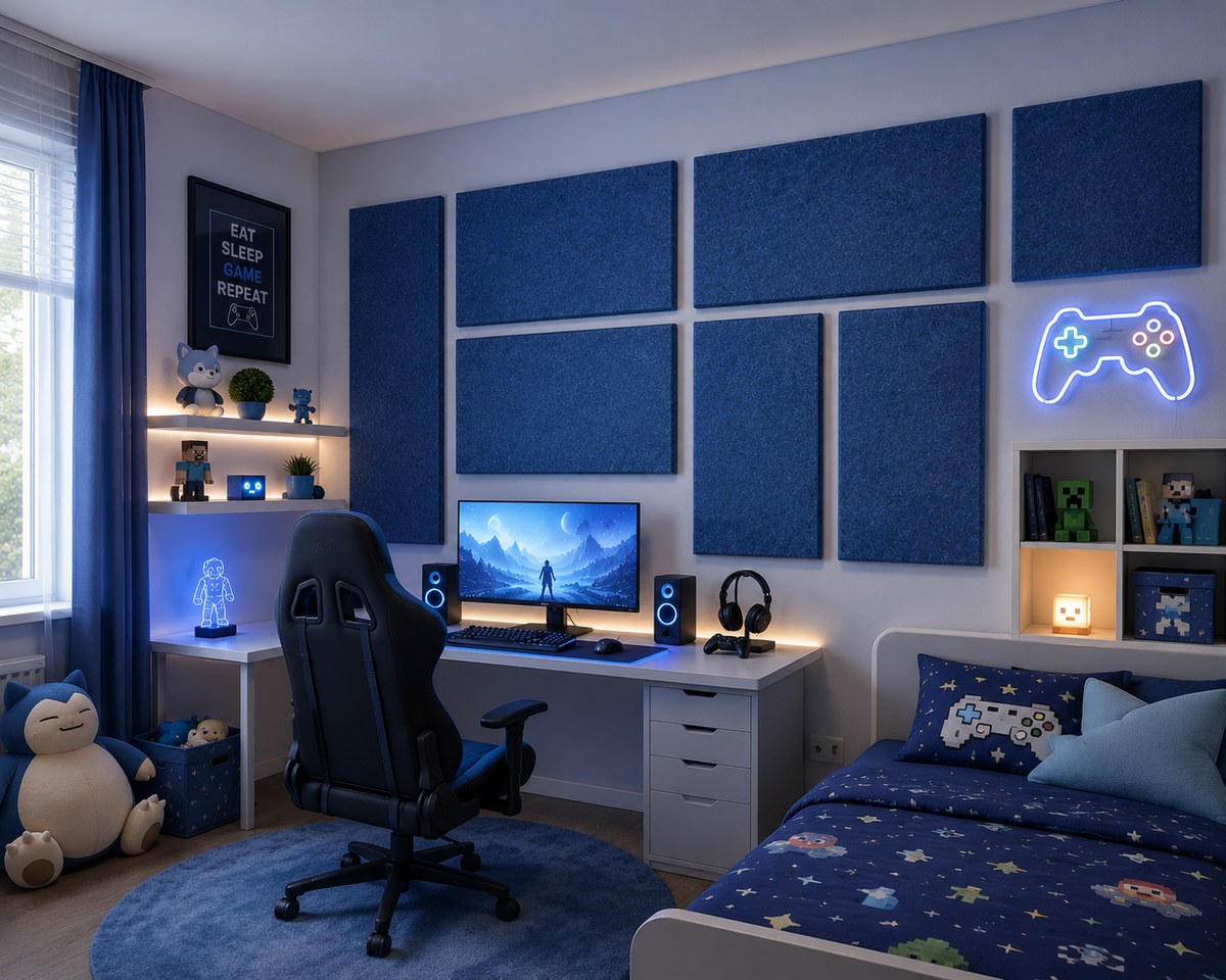 Pannello Bilnora 120x120 cm dietro una postazione gaming con monitor ultrawide e luci LED. Questa immagine è un'illustrazione.