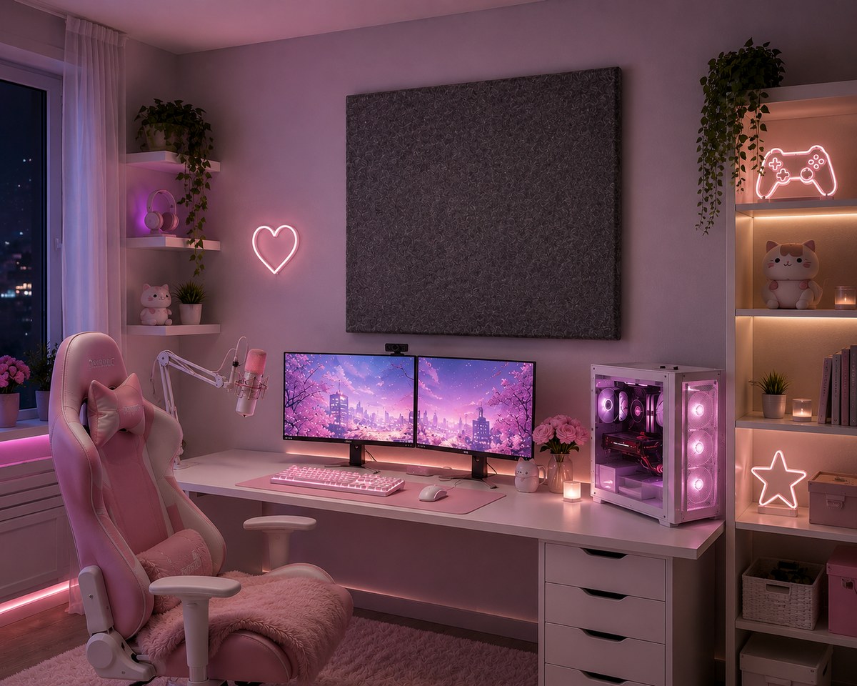 Pannello Bilnora 120x120 cm in una gamer room scura con console, LED viola e atmosfera futuristica. Questa immagine è un'illustrazione