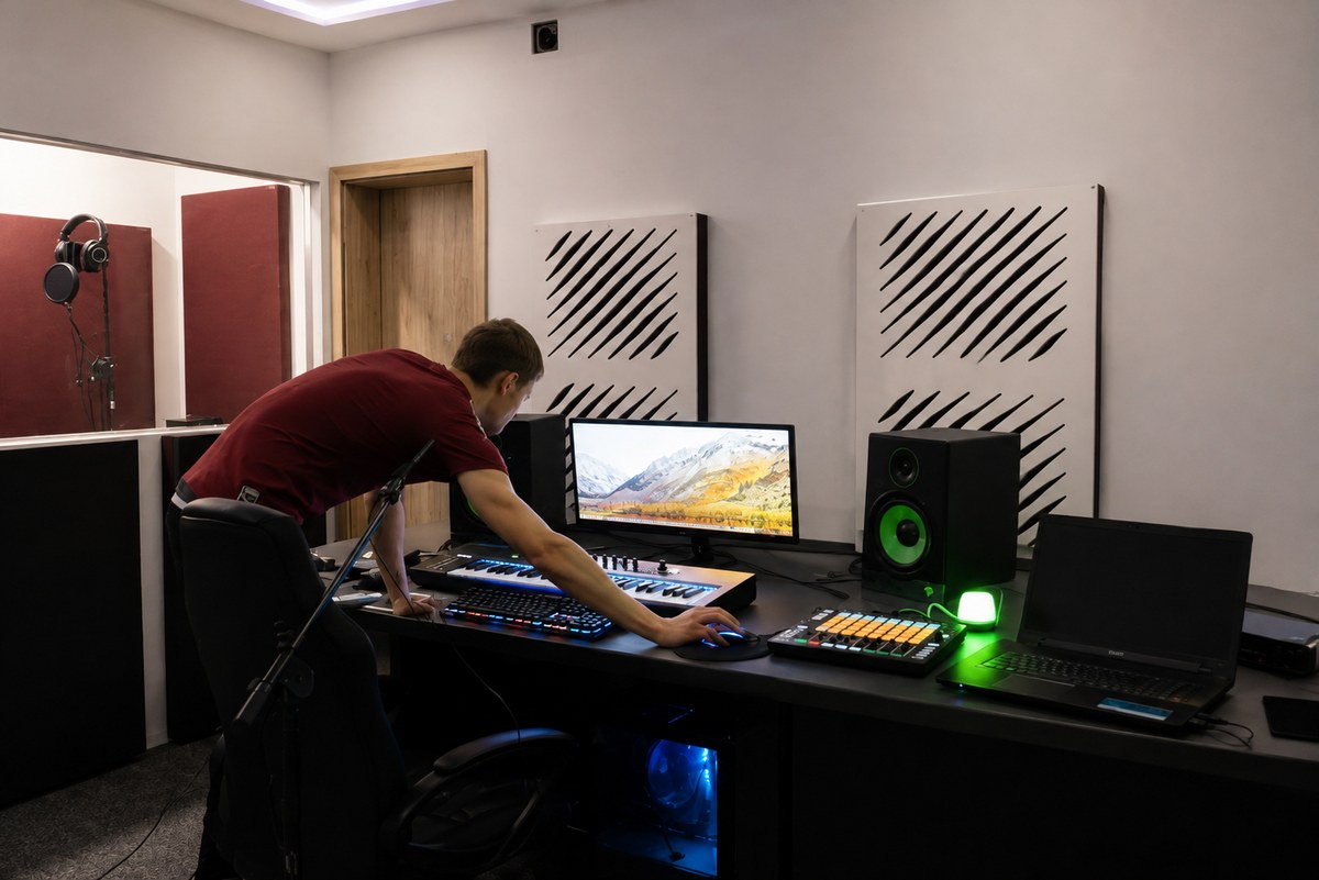 Pannello Varnour con diffusore in uno studio di registrazione musicale con microfoni, mixer e strumenti
