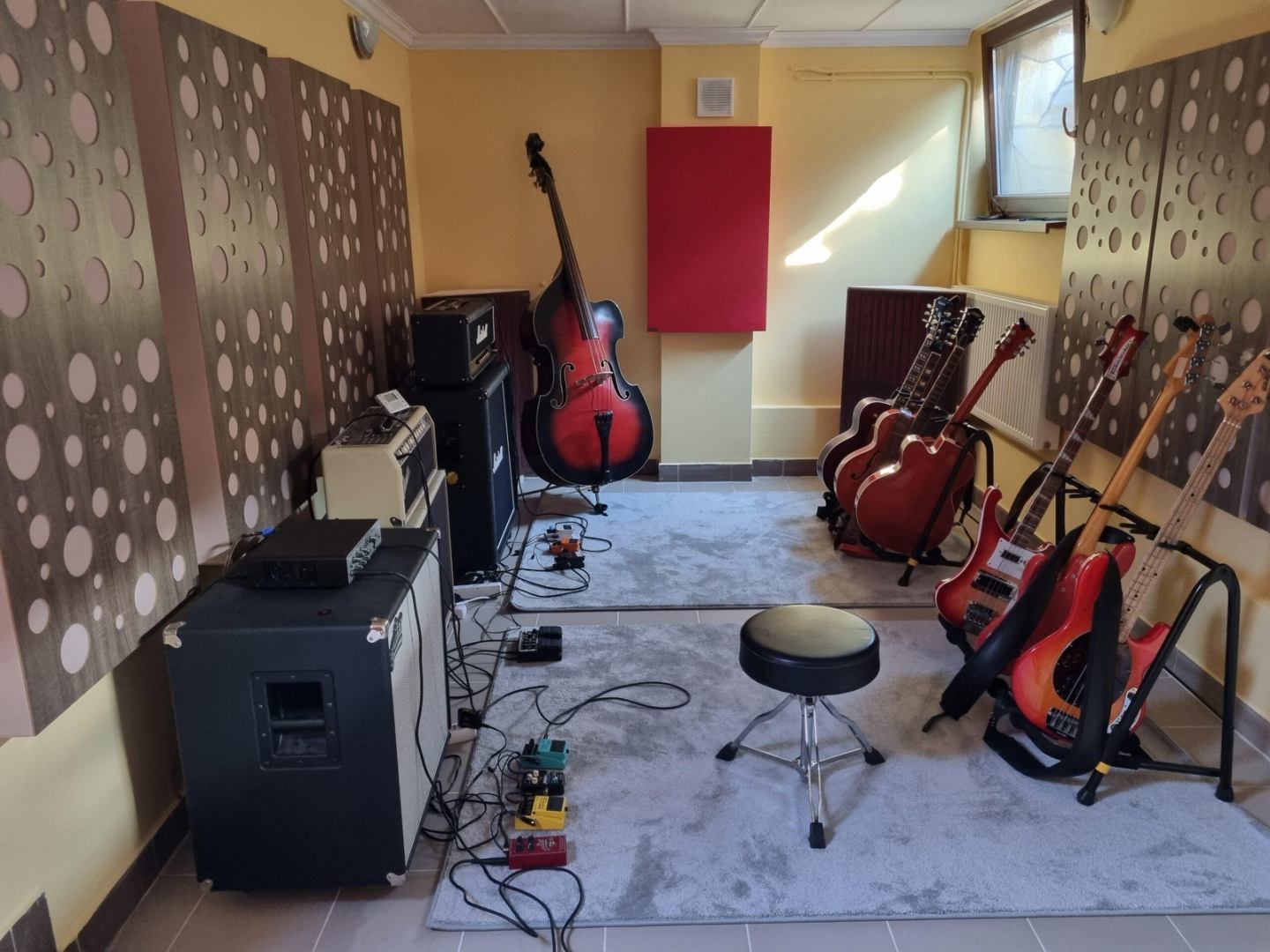 Pannello ad azione doppia Varnour in una stanza per chitarra, tra strumenti e amplificatori