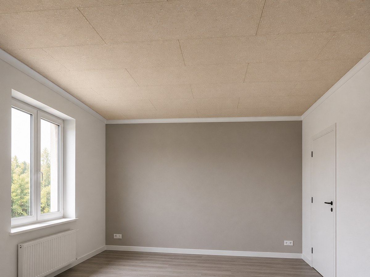 Pannello fonoassorbente Elitexa durante i lavori, prima della finitura del soffitto