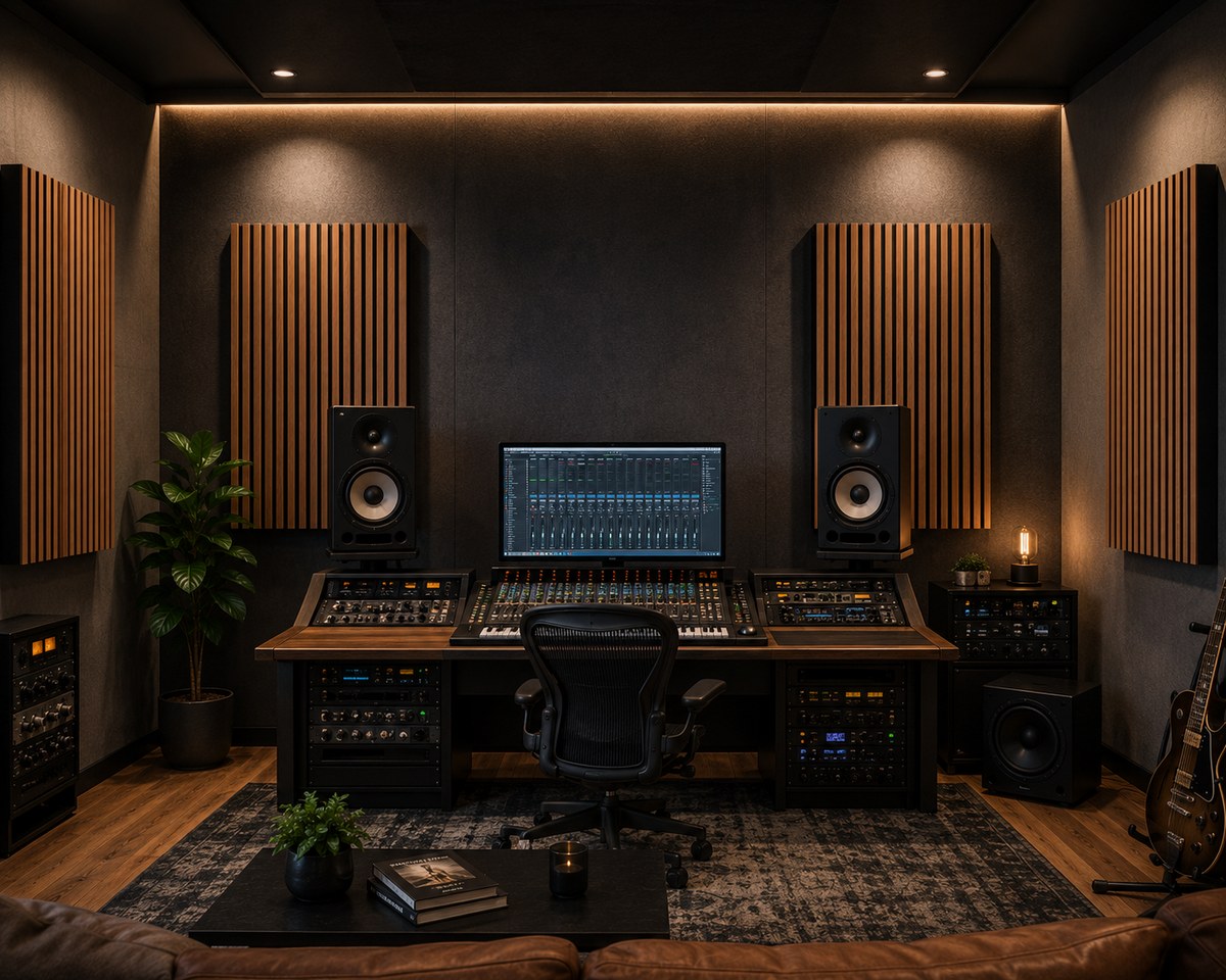 Pannello fonoassorbente a doghe in uno studio di musicista con chitarre, tastiera e amplificatori - Questa immagine è a solo scopo illustrativo