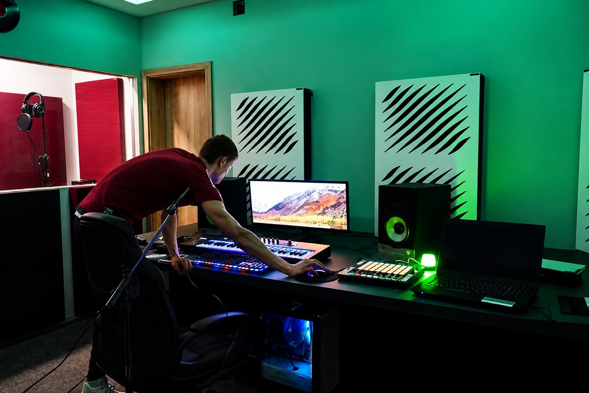 Varnour ad azione doppia in uno spazio musicale contemporaneo, con design decorativo e funzione professionale