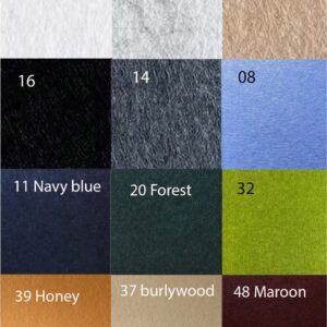 bilnora-pannelli-fonoisolanti-cartella-colori Campionario colori dei pannelli Bilnora in feltro con diverse tonalità, tra cui bianco, grigio, beige, nero, blu, verde, giallo miele e bordeaux.