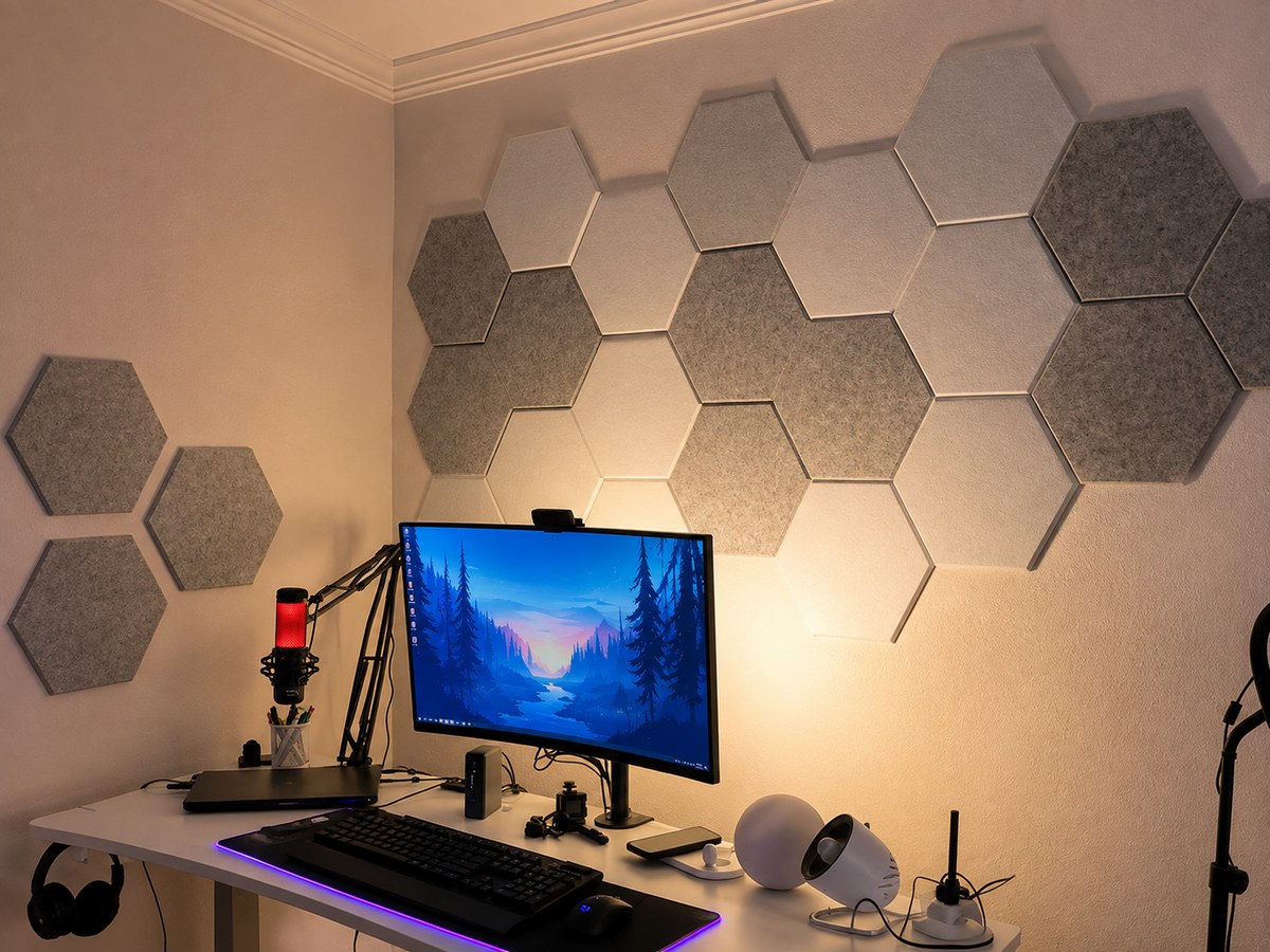 Postazione da lavoro con monitor e microfono, decorata con pannelli fonoassorbenti esagonali Bilnora in feltro nei toni del bianco e del grigio.