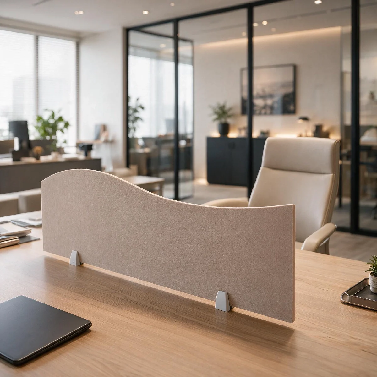 Bilnora schermo acustico Onda 1 bianco su scrivania in legno in un ufficio moderno con pareti vetrate.