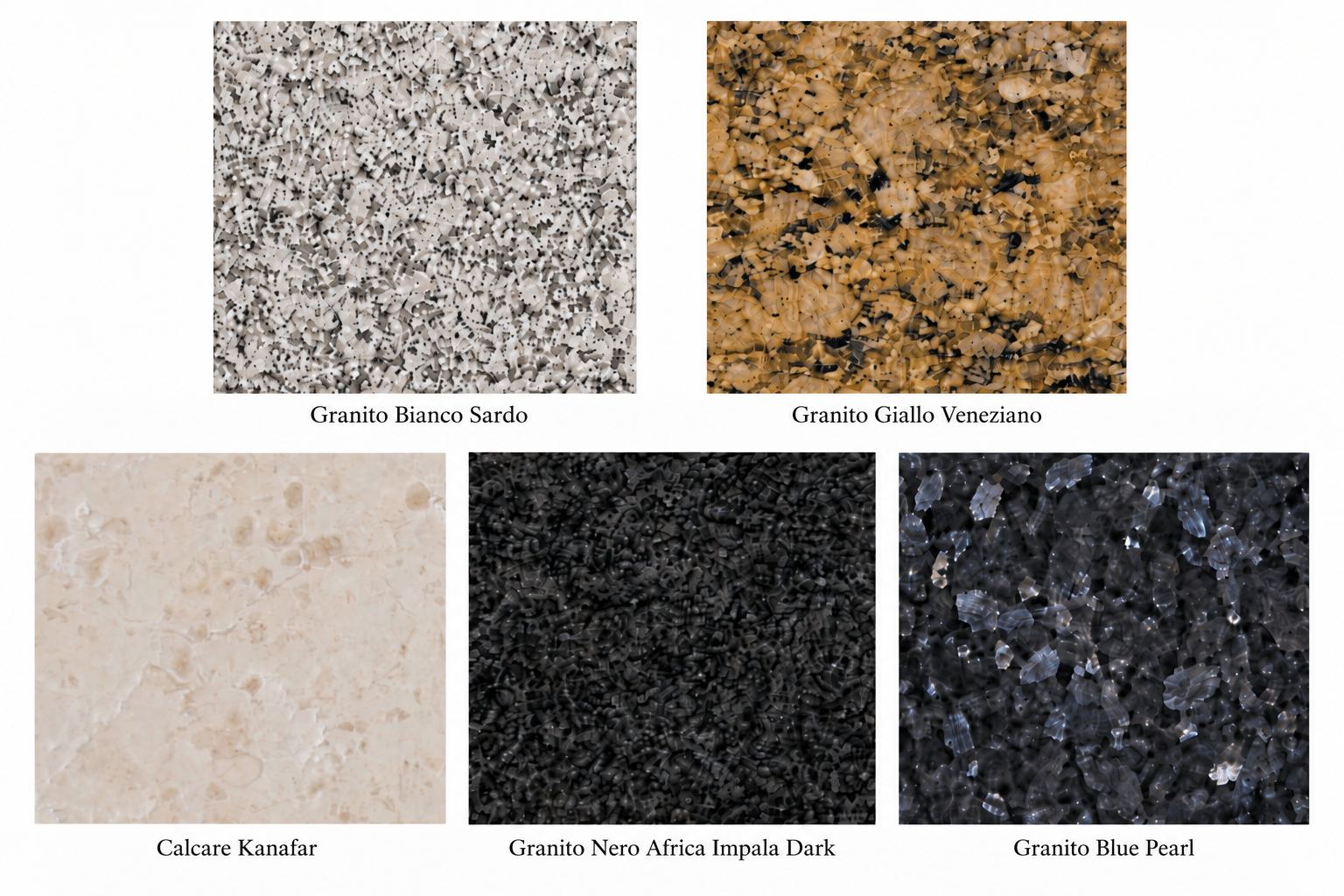Selezione di campioni di granito e pietra calcarea in tonalità bianco, giallo, beige, nero e blu scuro, con venature, grana e strutture naturali ben visibili.