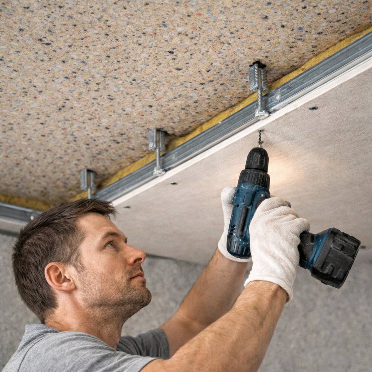 Montaggio di pannello insonorizzante soffitto Elitexa in un controsoffitto acustico disaccoppiato