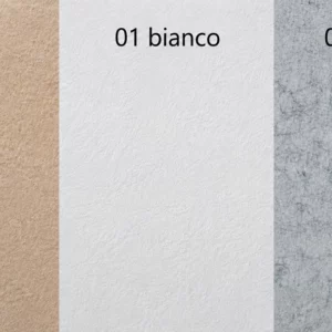 Campionario colori degli elementi da soffitto Bilnora con texture in feltro nelle tonalità 04 beige, 01 bianco e 06 argento.