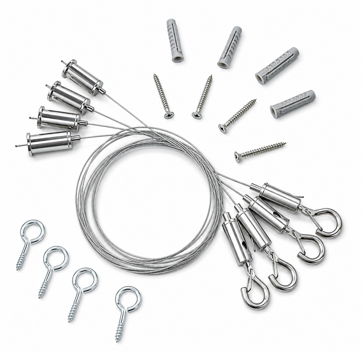 Set di elementi per la sospensione orizzontale dei pannelli Bilnora, composto da cavi in acciaio, ganci metallici, fissaggi, viti, tasselli e occhielli.