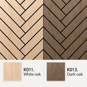 freja-pannello-acustico-motivo-parquet-k011-k013-confronto-colori Immagine comparativa del pannello acustico isolante Freja motivo parquet nelle finiture K011 White Oak e K013 Dark Oak, con campioni colore coordinati nella parte inferiore.