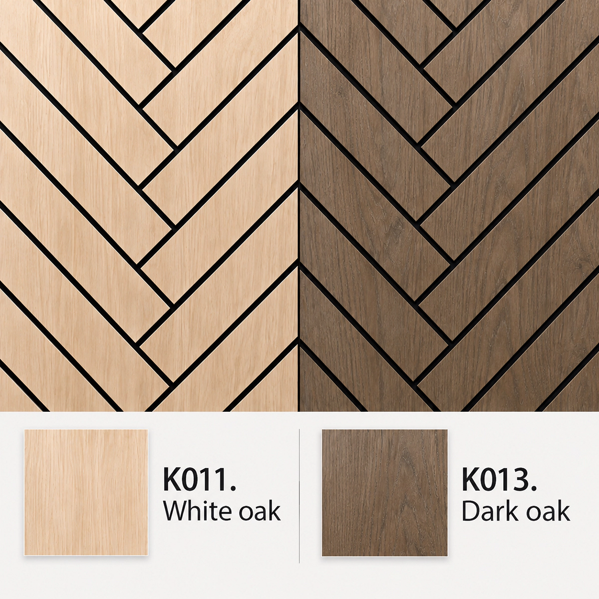 Immagine comparativa del pannello acustico isolante Freja motivo parquet nelle finiture K011 White Oak e K013 Dark Oak, con campioni colore coordinati nella parte inferiore.