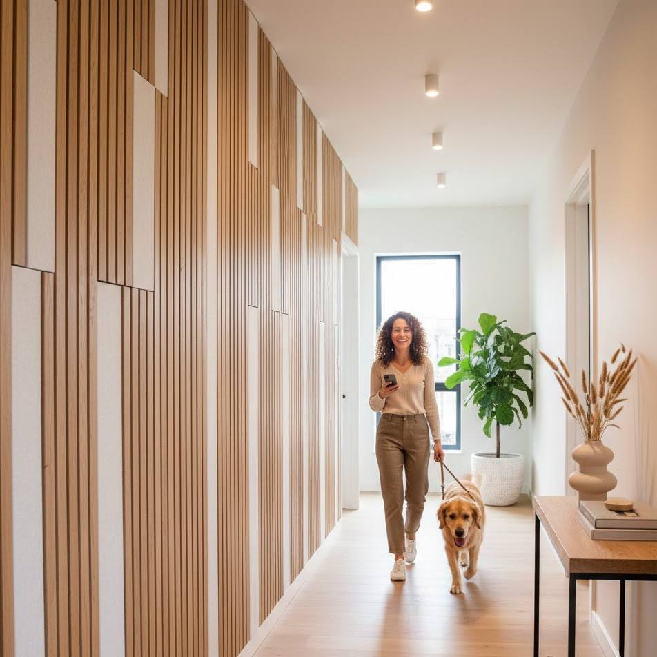 insonorizzazione ambienti con pannelli decorativi in corridoio domestico