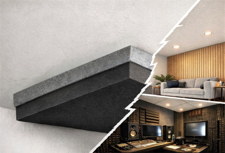 Sistema multistrato per isolamento acustico sottile soffitto con pannello ad alta densità applicato direttamente al solaio