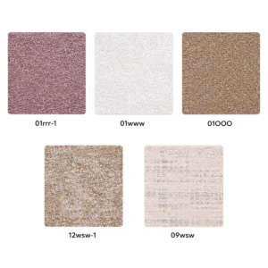 luxury-harmony-colori-disponibili-formato-quadrato-standard Campionario colori del tappeto Luxury Harmony disponibile nel formato quadrato standard, con cinque varianti cromatiche nei toni del rosa cipria, bianco, beige, sabbia e crema.