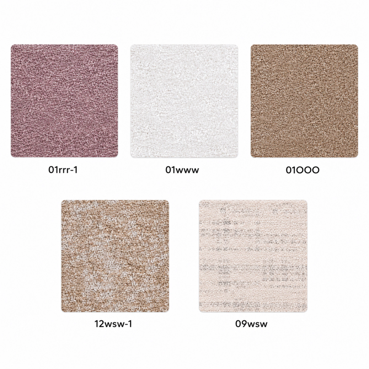 Campionario colori del tappeto Luxury Harmony disponibile nel formato quadrato standard, con cinque varianti cromatiche nei toni del rosa cipria, bianco, beige, sabbia e crema.