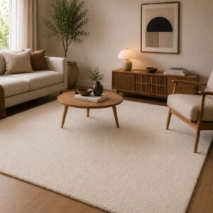 Tappeto acustico Luxury Harmony Bianco in formato rettangolare, inserito in un soggiorno luminoso con divano chiaro, tavolino e mobili in legno dalle tonalità naturali.