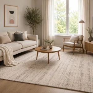Tappeto acustico Luxury Harmony Bicolore Beige-Marrone inserito in un soggiorno luminoso, con superficie chiara attraversata da delicate sfumature marroni e abbinata ad arredi in legno e tessuti neutri.