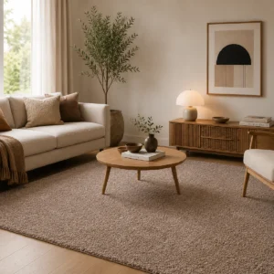 Tappeto acustico Luxury Harmony Caffè in formato rettangolare inserito in un soggiorno luminoso con arredi in legno, divano chiaro e tonalità naturali.