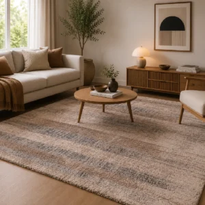 Tappeto acustico Luxury Harmony Marrone Screziato inserito in un soggiorno luminoso con divano chiaro, arredi in legno e tonalità naturali coordinate.