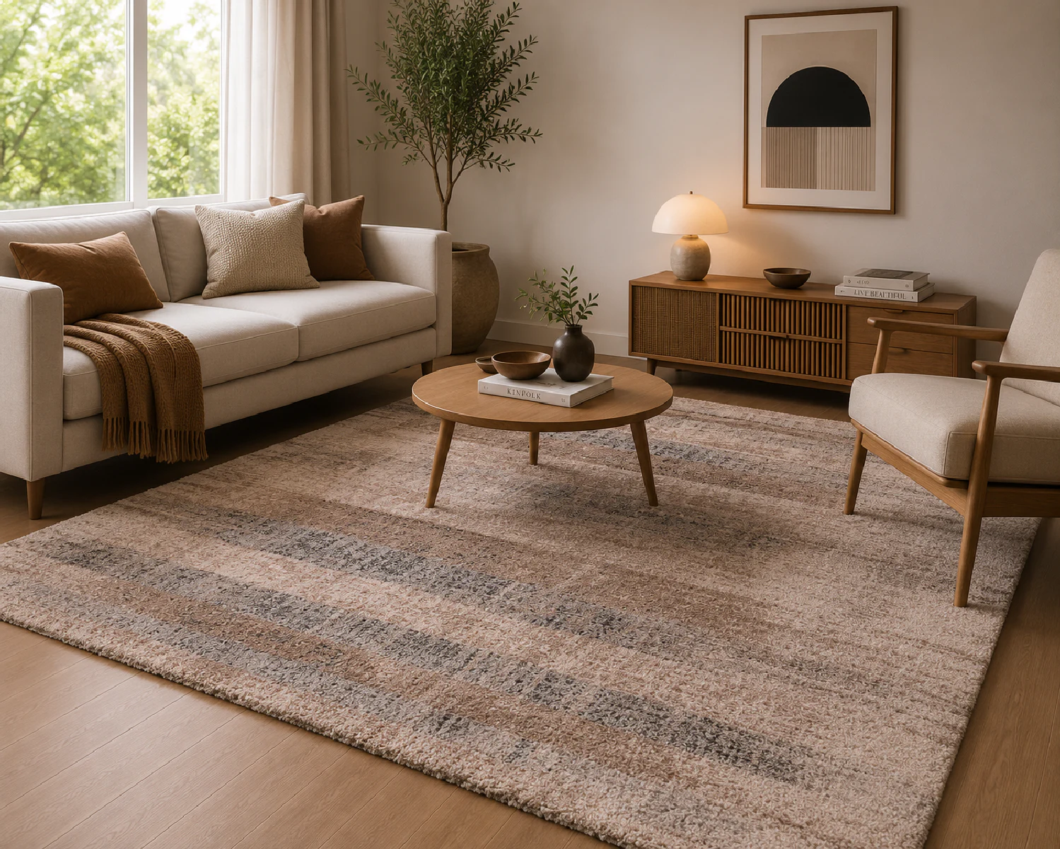 Tappeto acustico Luxury Harmony Marrone Screziato inserito in un soggiorno luminoso con divano chiaro, arredi in legno e tonalità naturali coordinate.