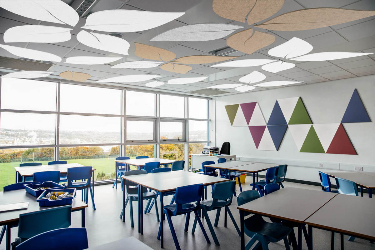 Pannelli acustici decorativi sul soffitto di un’aula scolastica