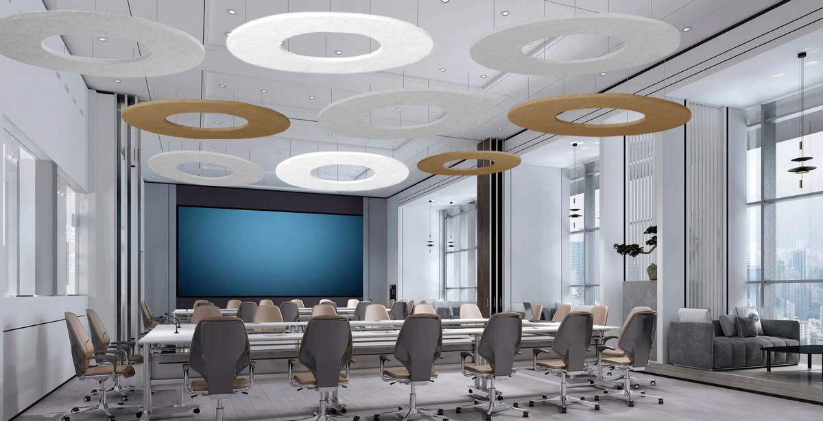 Pannelli acustici per soffitto a forma di anello in sala riunioni di design