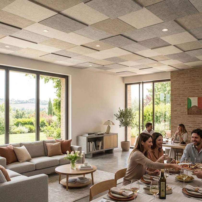 pannelli acustici per soffitto in soggiorno per migliorare il comfort acustico
