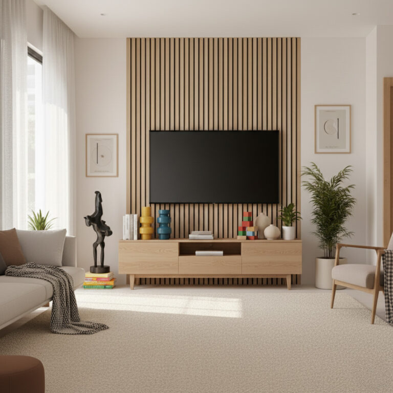 Pannelli acustici a lamelle dietro la TV in soggiorno moderno
