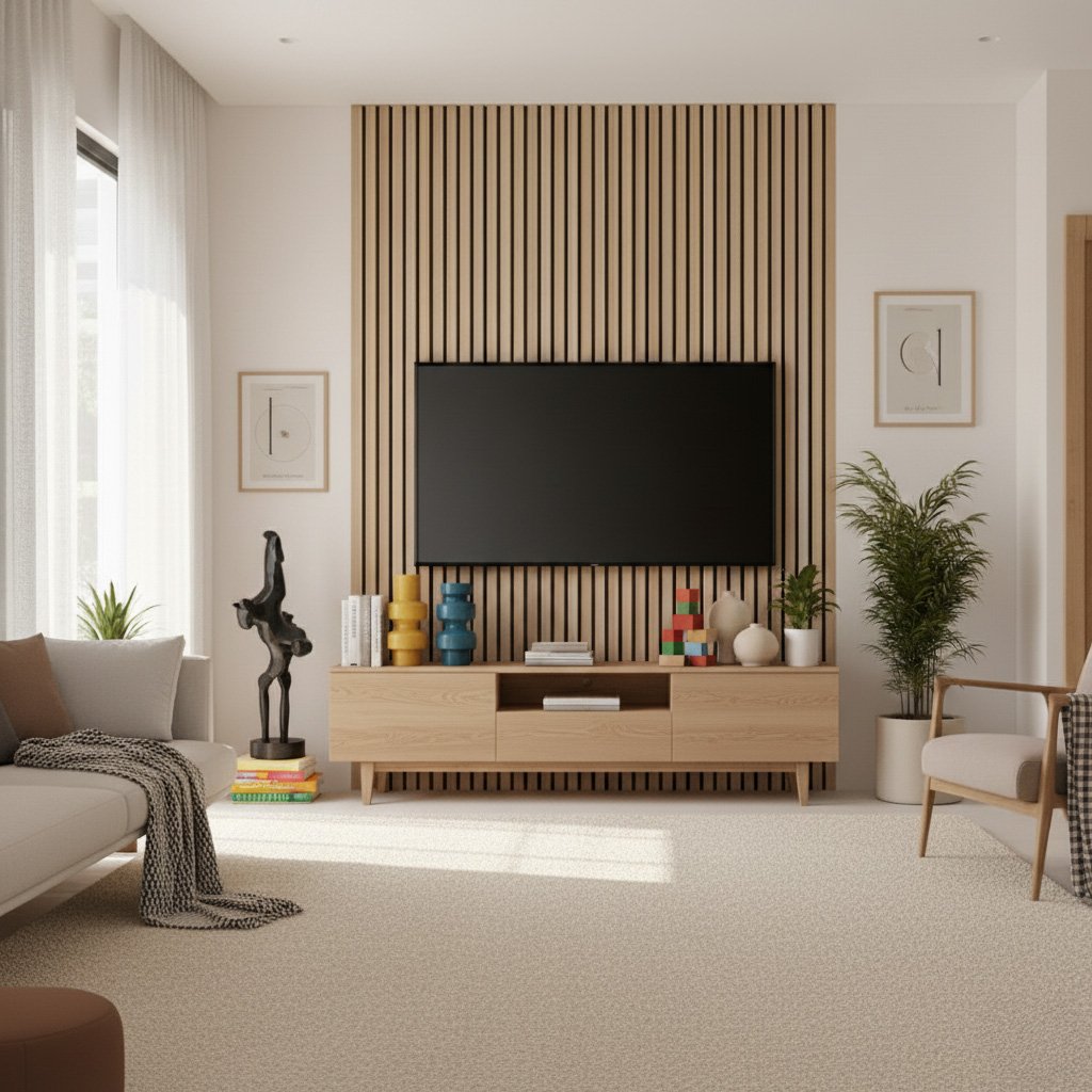 Pannelli acustici a lamelle dietro la TV in soggiorno moderno