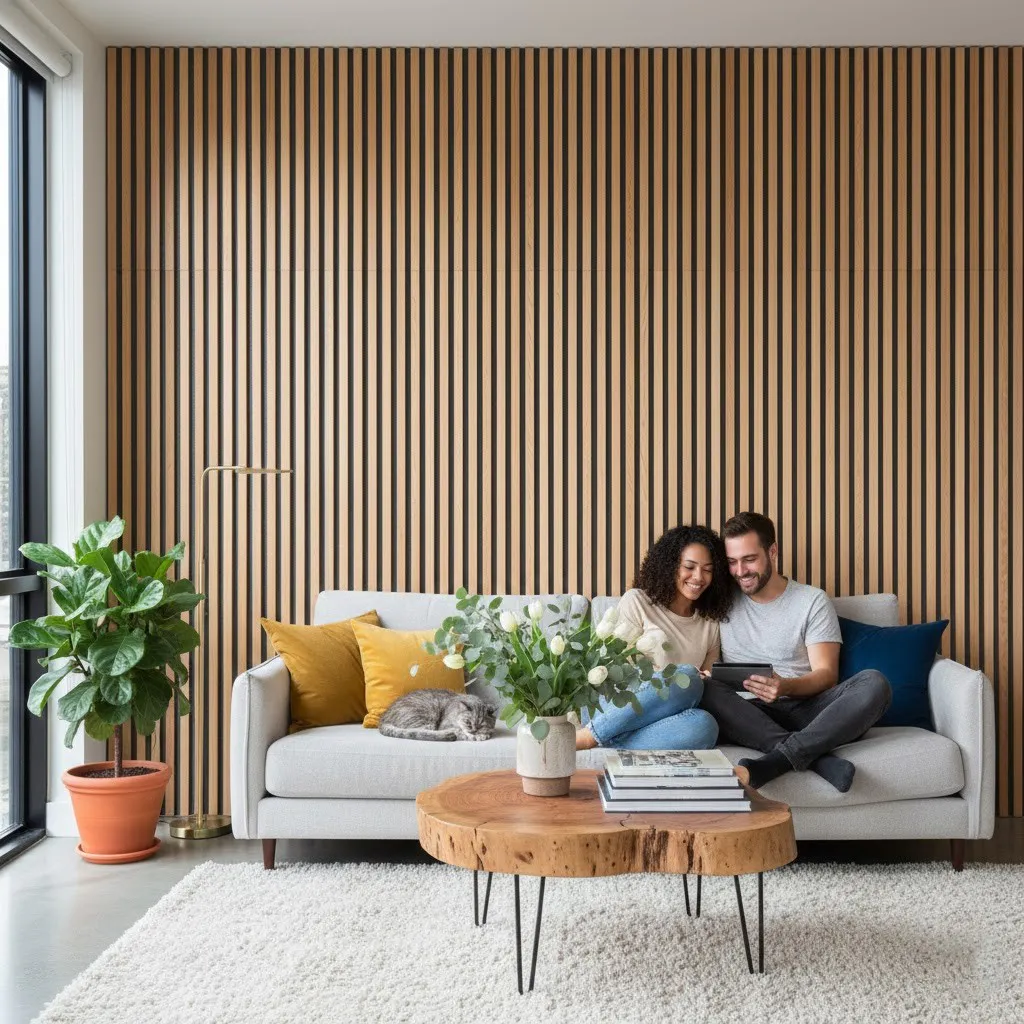 Dettaglio tecnico di un pannello fonoisolante Freja in legno visto in sezione, con lamelle in finitura legno, retro in feltro nero e anima interna chiara visibile tra i vari strati.