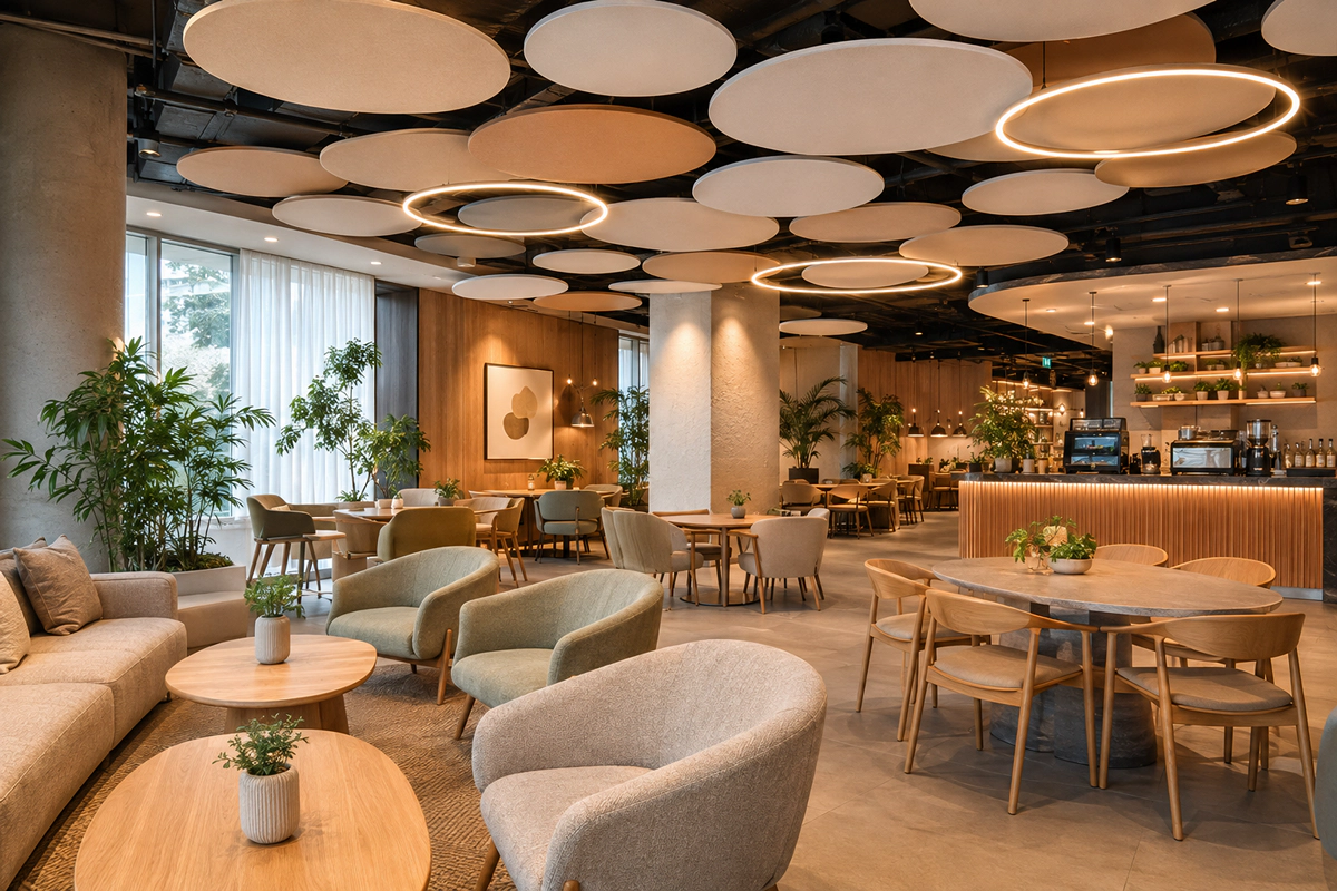 Pannelli da soffitto Bilnora rotondi sospesi in diverse dimensioni e tonalità beige e bianche, installati sopra un ampio ambiente lounge con tavoli, sedute e illuminazione circolare integrata.