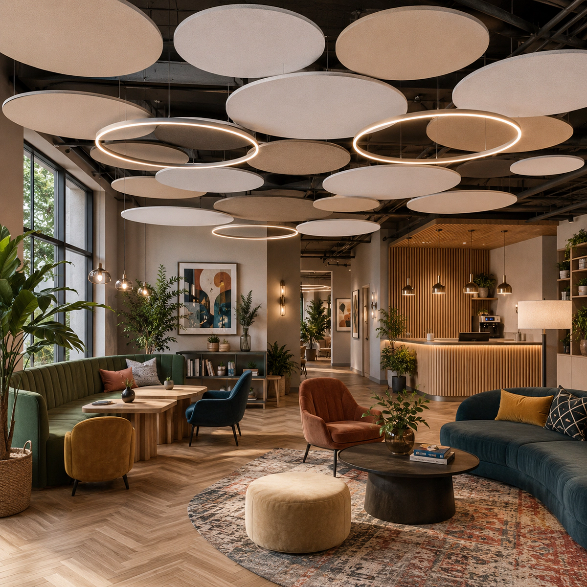 Pannelli da soffitto Bilnora rotondi sospesi in tonalità beige, bianco e tortora, distribuiti su un soffitto scuro all’interno di un elegante spazio lounge con elementi luminosi circolari.