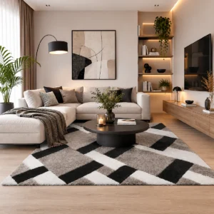 Tappeto Professional Calm con motivo geometrico nero, bianco e grigio inserito in un soggiorno moderno, dove sono ben visibili le dimensioni generose e la superficie morbida.