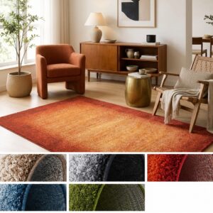 Tappeto acustico Alta Fedeltà Pure Tone color terra ambientato in un soggiorno luminoso, con una fascia inferiore che mostra dettagli della texture e varianti colore come beige, grigio, terra, blu e verde.